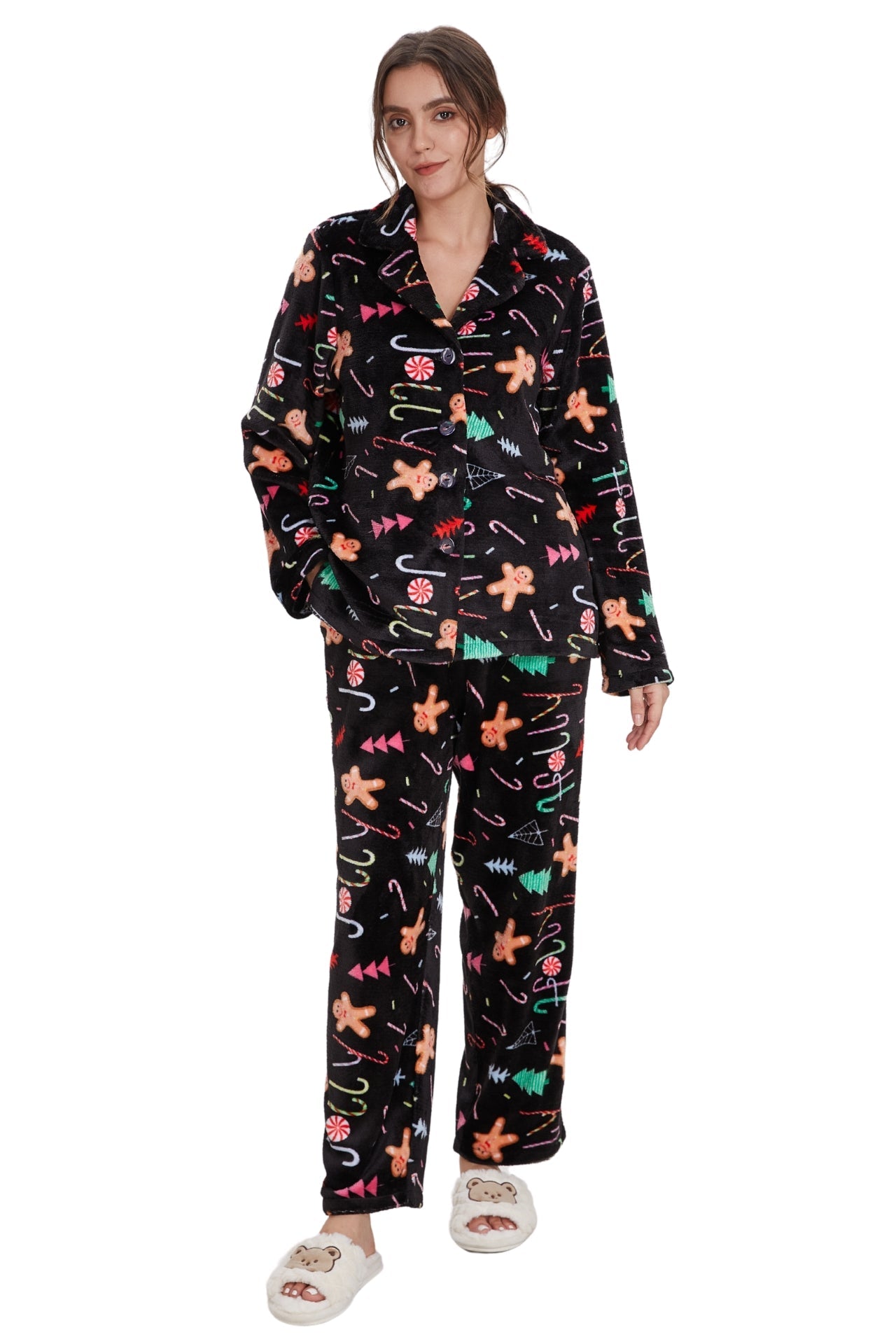 Plush Loungewear Pajama Set Gingerbread Pattern