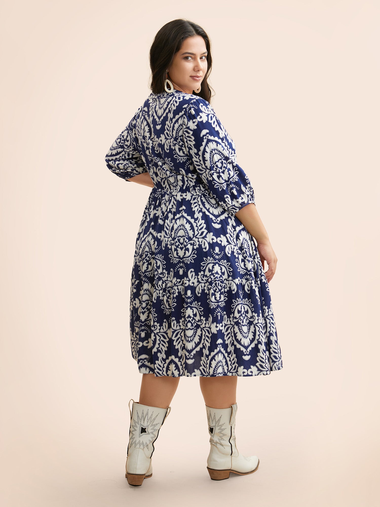 Boho Print Tie Knot Puff Sleeve Dress