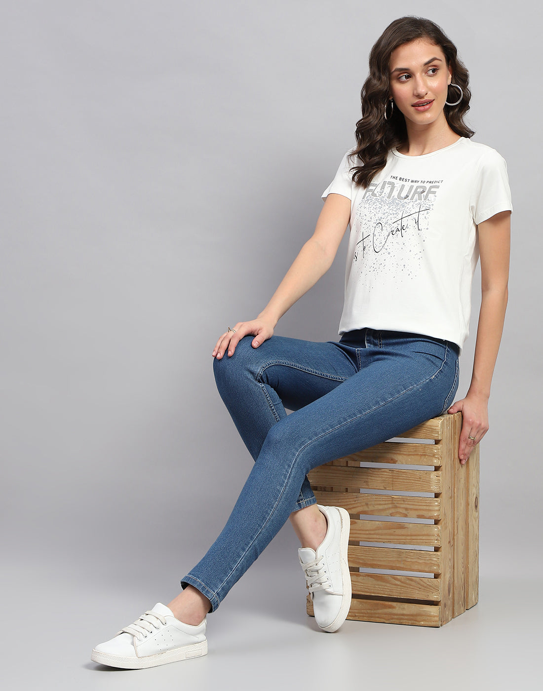 Women White Printed Round Neck Half Sleeve Top