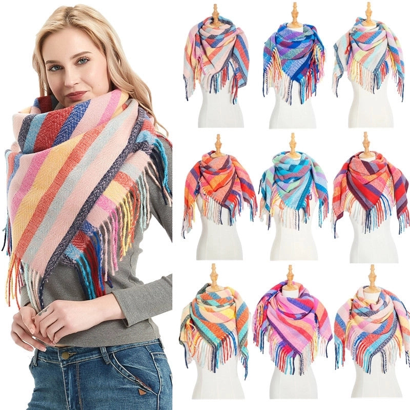 New Circle Yarn Stripe Plaid Polyester Long Tassel Bristle Square Scarf Female Men's Scarf Shawl