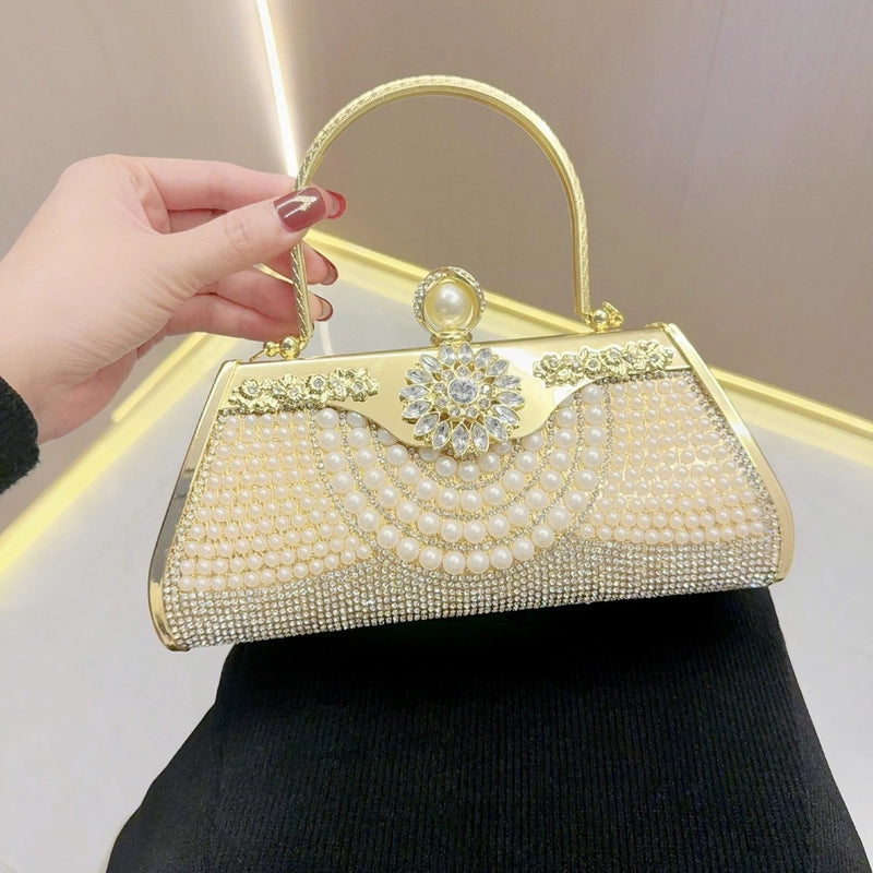Gold Silver Black Pu Leather Solid Color Pearls Square Evening Bags