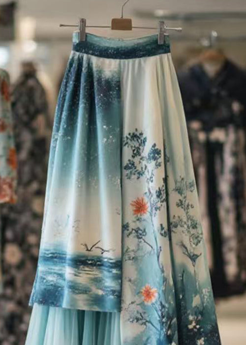 Chinese Style Blue Asymmetrical Print Tulle Patchwork Skirts Summer