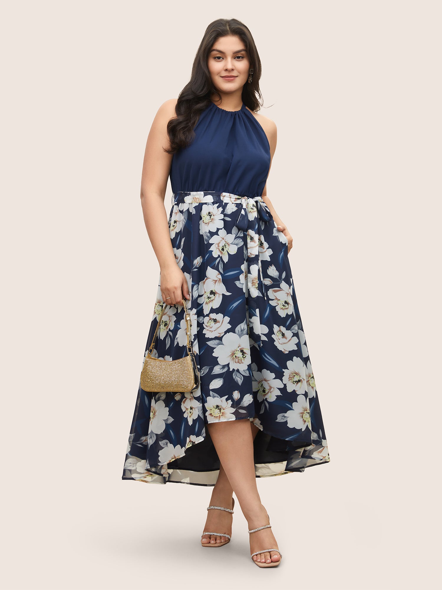 Floral Patchwork Halter Ties High Low Hem Dress