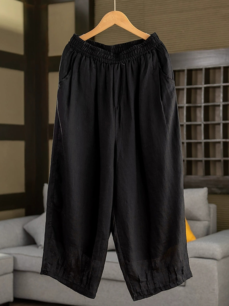Women Summer Retro Pure Color 100%Ramie Bloomers