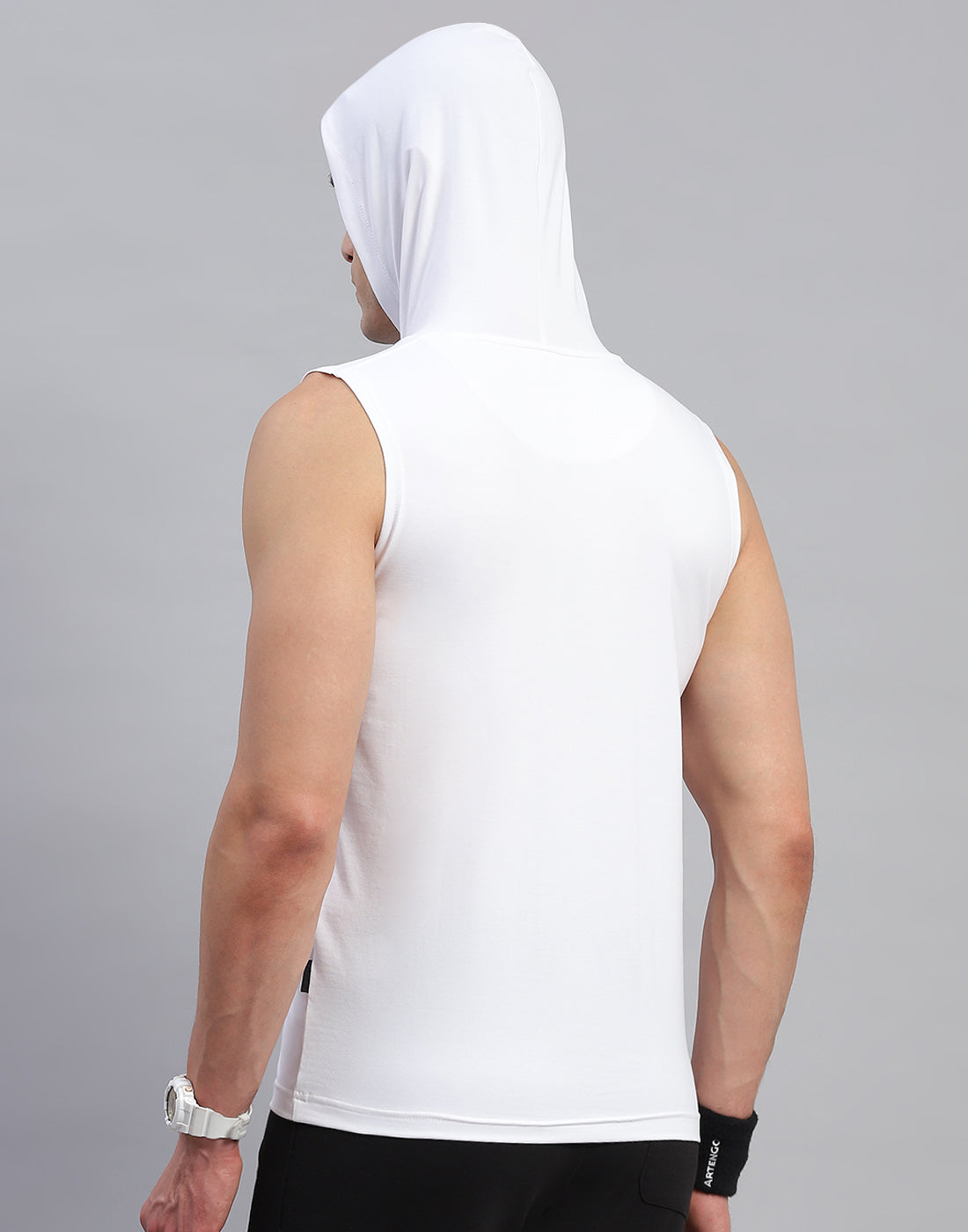 Men White Solid Hooded Sleeveless T-Shirt