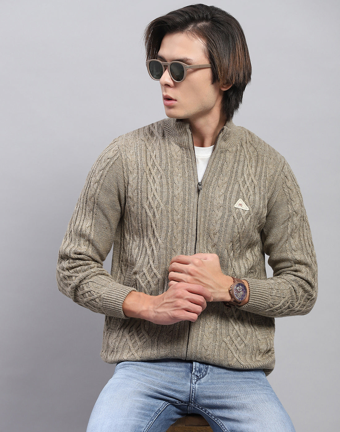 Men Beige Self Design Mock Neck Full Sleeve Jacket