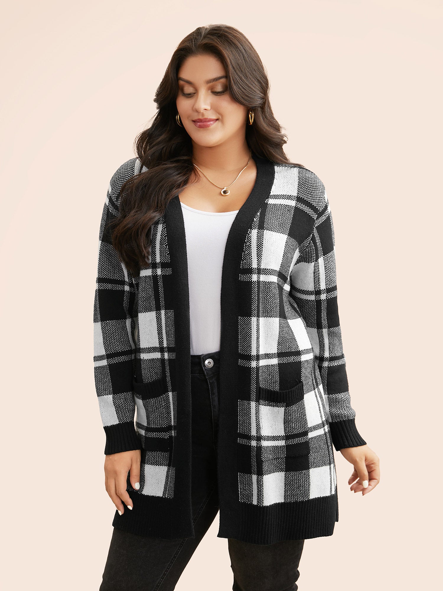 Kimono Collar Plaid Slit Hem Cardigan