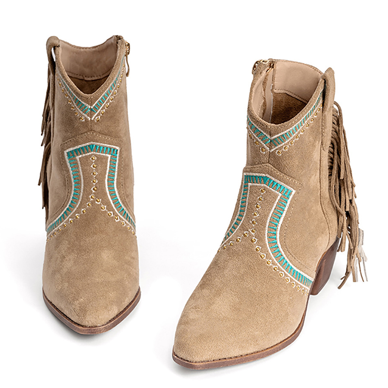 Contrast Binding Tassels Zipper Chunky Heels Western Boots
