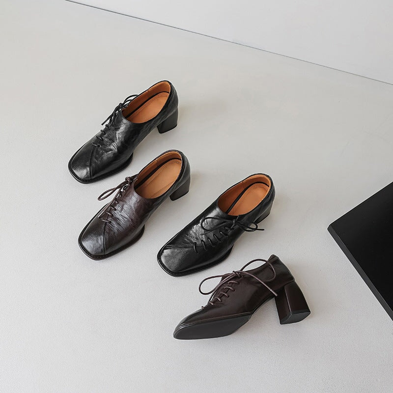 Slouchy Style Sheepskin Square Toe Oxford Tie Shoes For Women in Black/Coffee