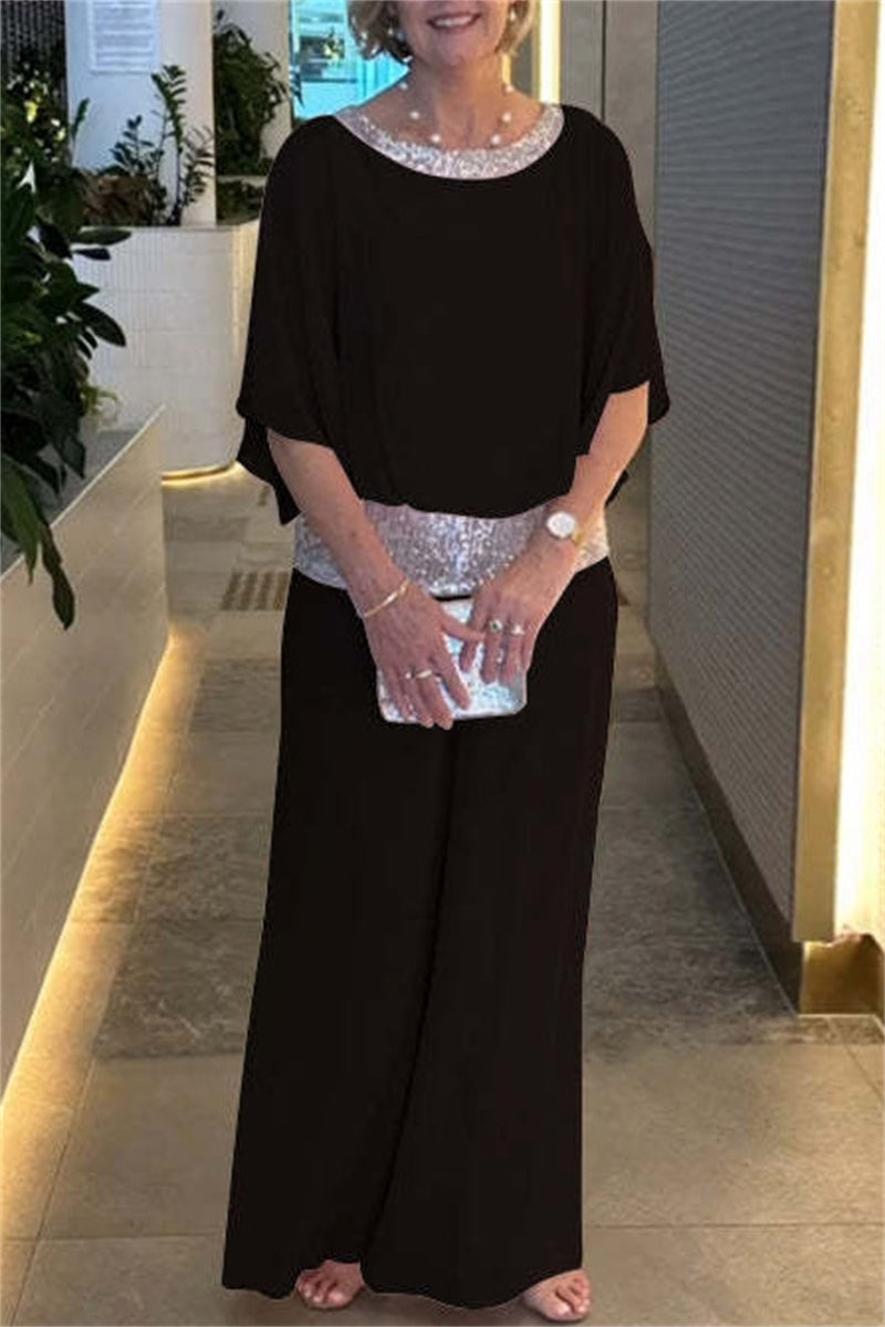 Casual Solid Color Sequins Patchwork O Neck Half Sleeve Two Pieces