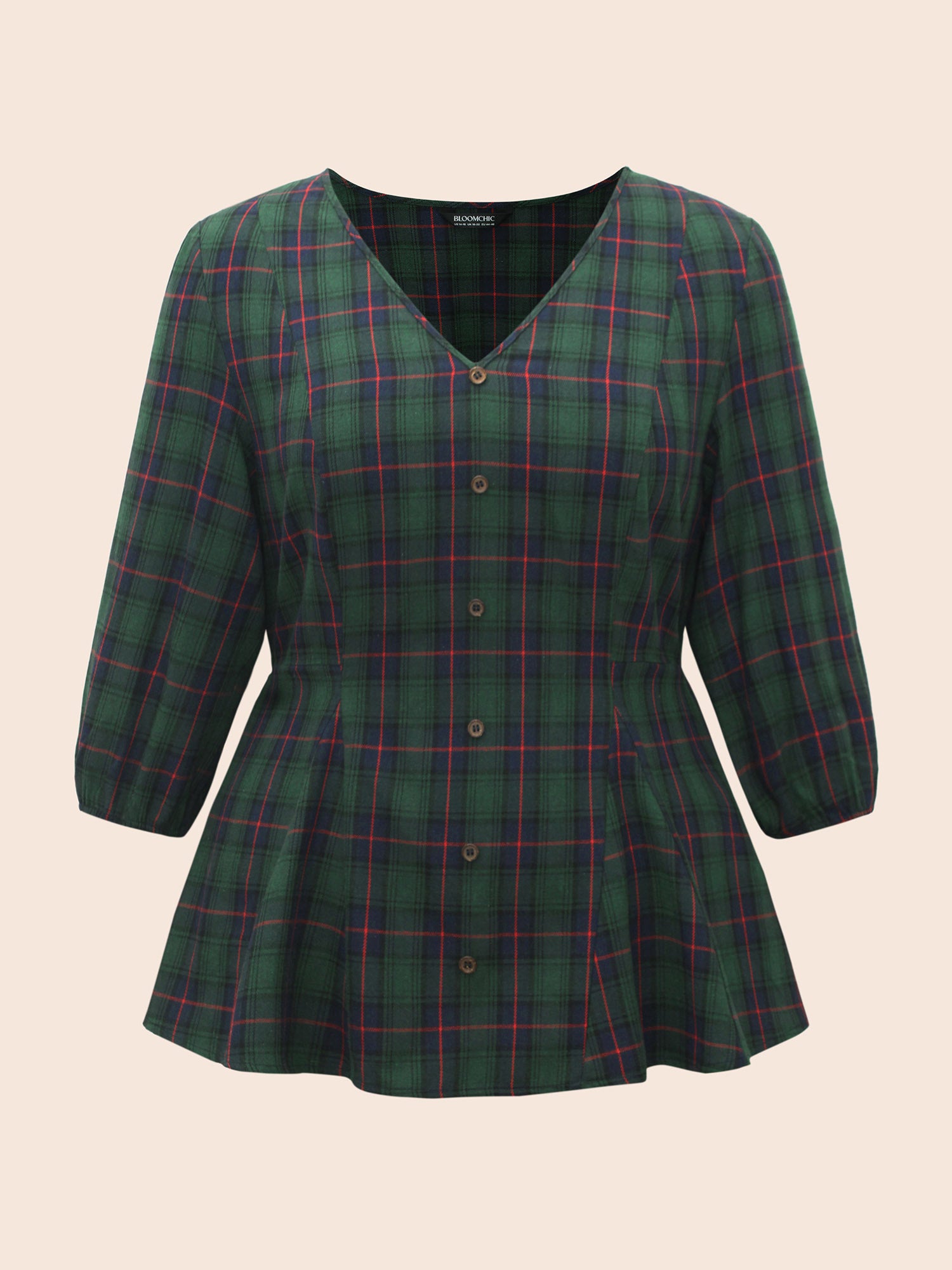 Plaid Button Detail Lantern Sleeve Blouse