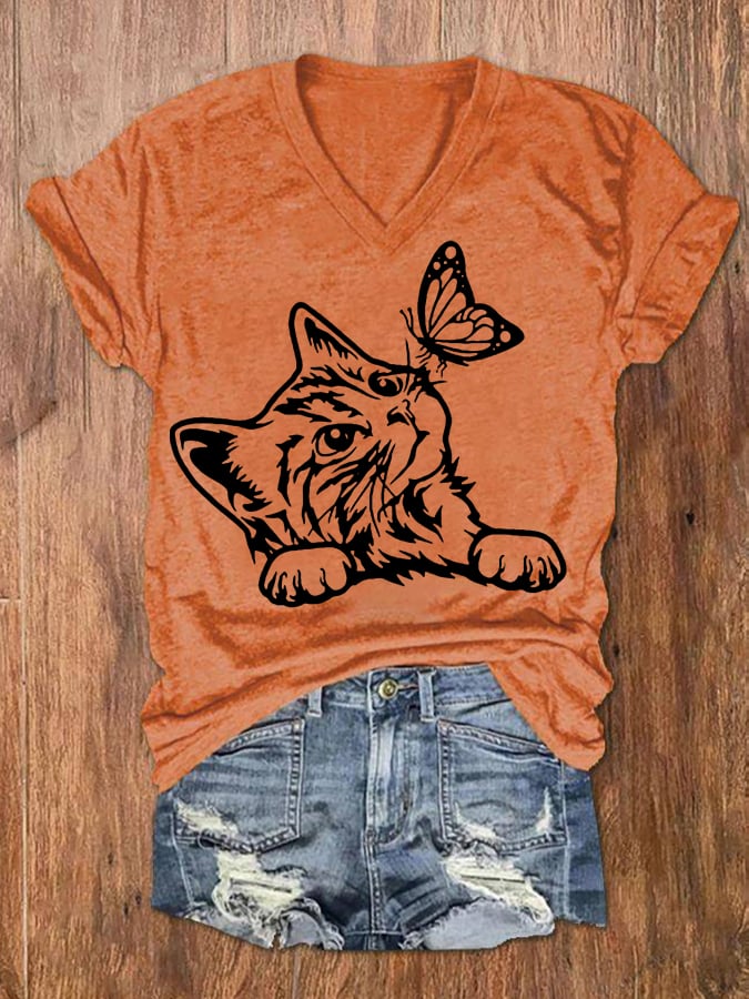 Women's Cute Cat with Butterfly Print V-Neck T-Shirt