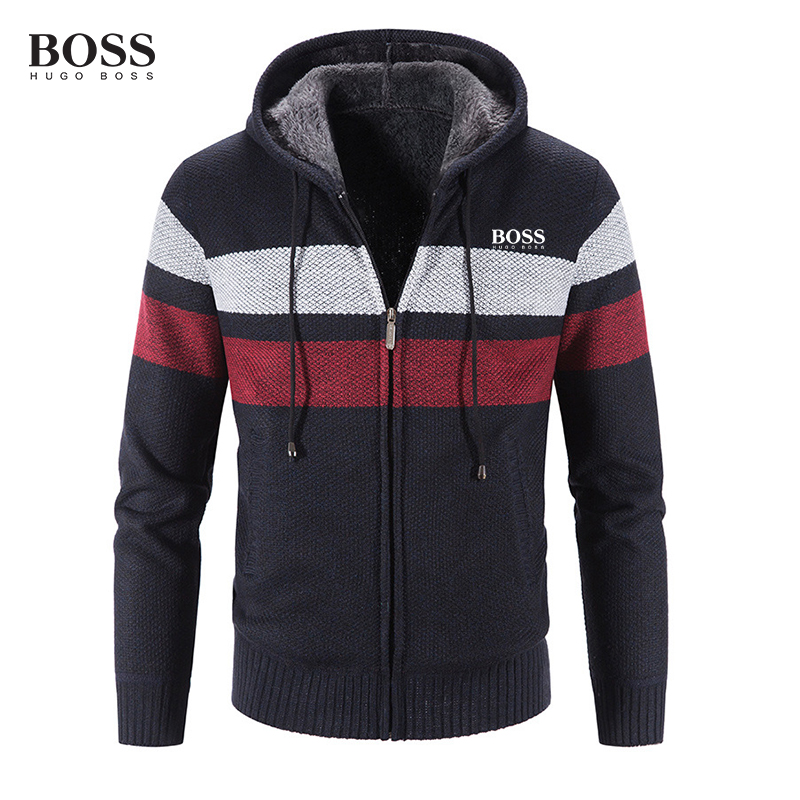 BOSS Men-s STRIPED ZIP UP HOODED SWEATER