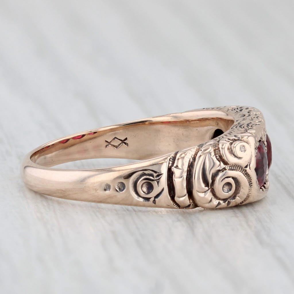 Antique Ornate Red Glass Garnet Ring 8k Rose Gold Size 8.75 Round 3-Stone
