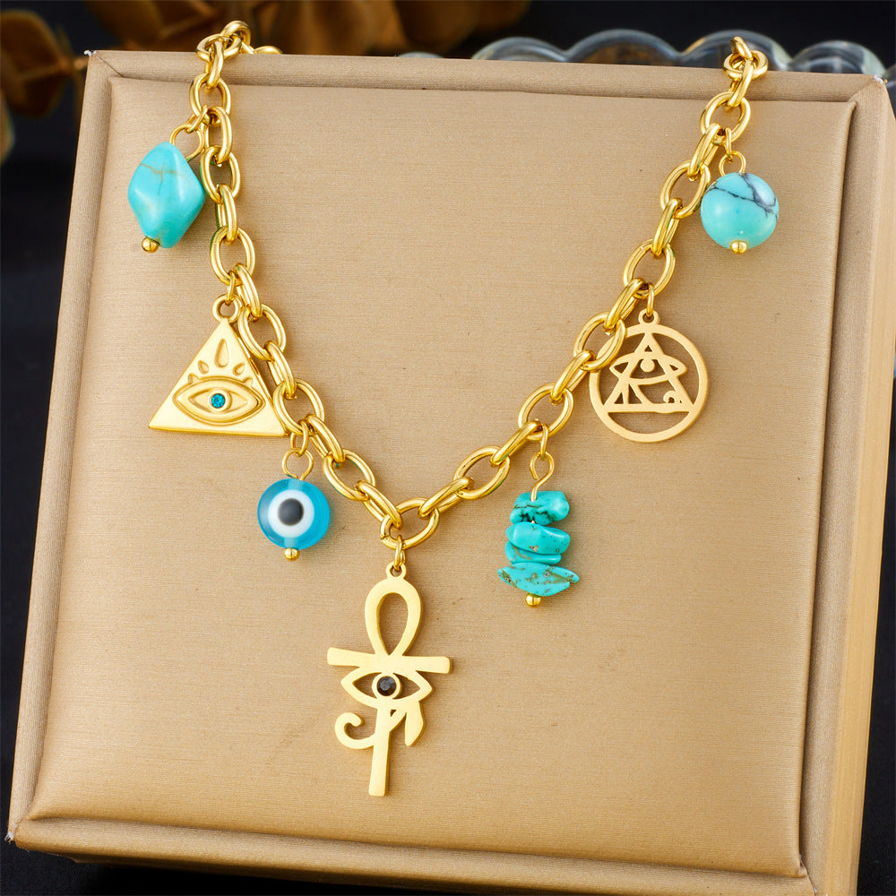 Fashion Retro Multi-Element Love Bowknot Shell Cherry Cross Eye Chain Necklace