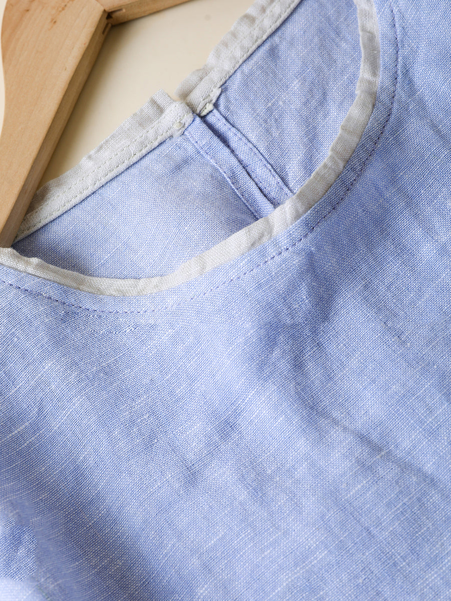 Women Summer Casual Pure Color O-Neck 100%Linen Shirt
