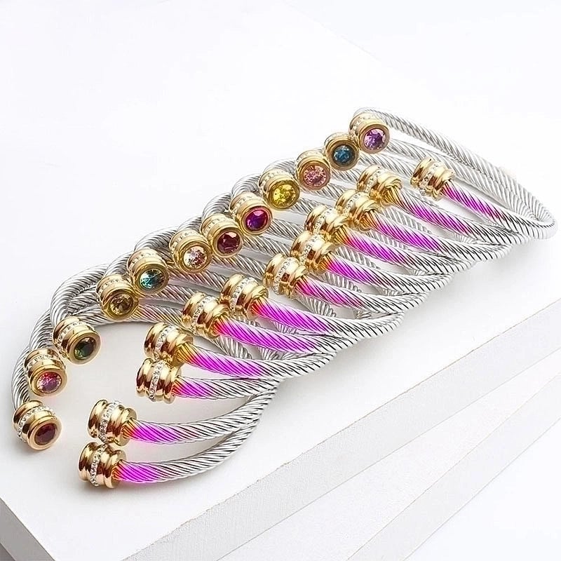 3 Pieces Minimalist Solid Color Stainless Steel Inlay Zircon Cuff Bracelets