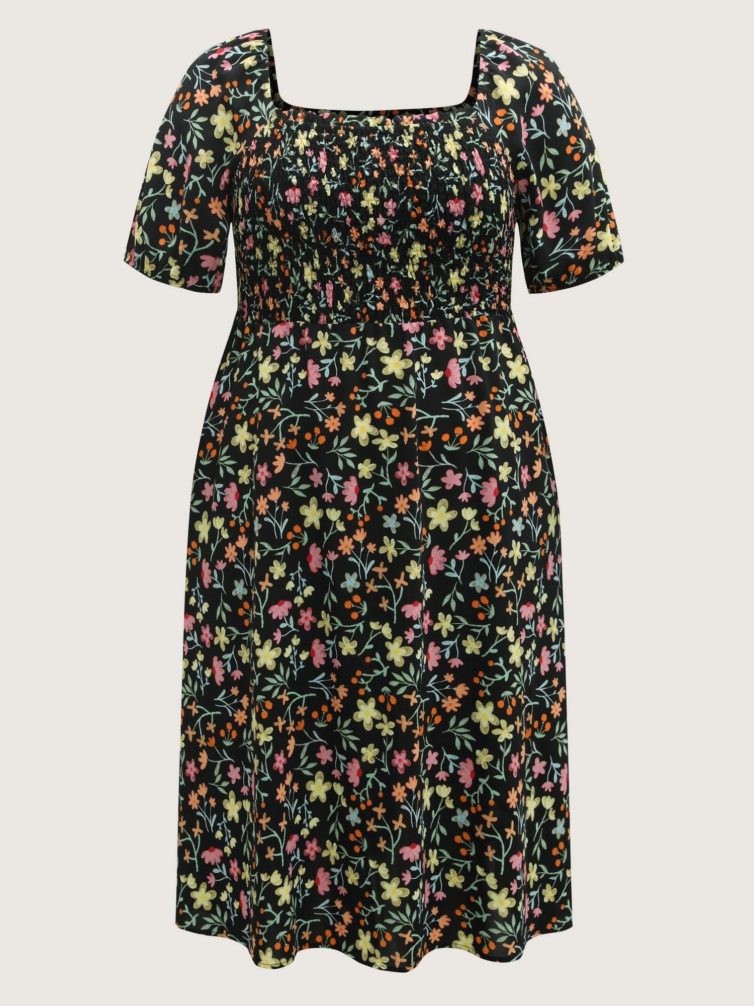 Floral Print Shirred Pockets Midi Dress