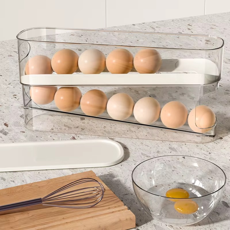 Wholesale 2 Tier Kitchen Automatic Rolling Egg Rack Storage Container Plastic Egg Tray Dispenser