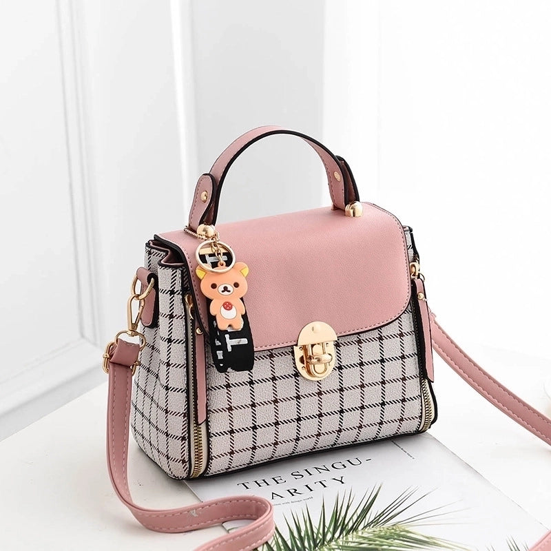 Women's Medium Pu Leather Plaid Cute Ornament Square Flip Cover Crossbody Bag