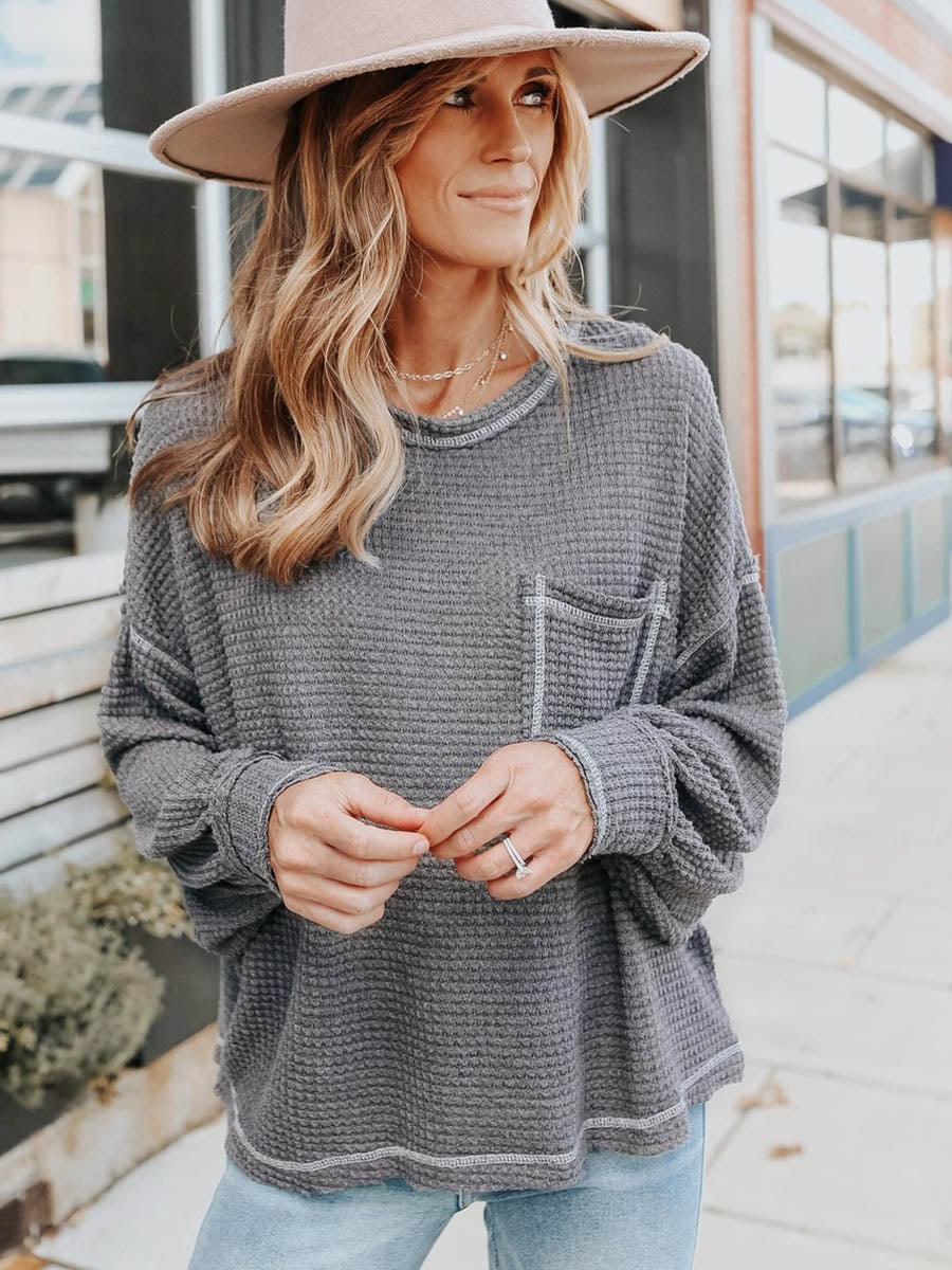 Waffle Drop Sleeve Loose Casual Top6 colors