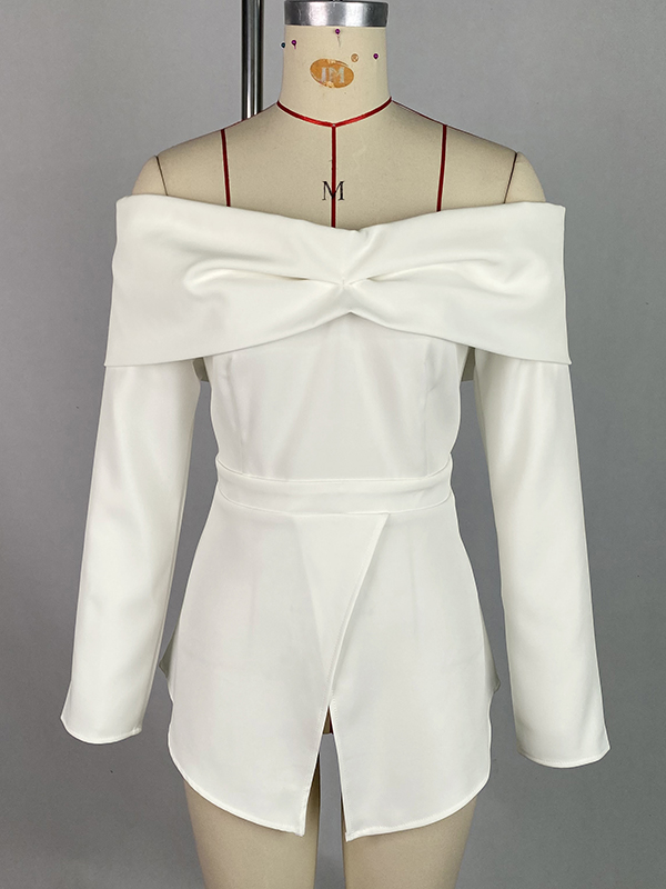 Long Sleeves Loose Pleated Solid Color Split-Front Off-The-Shoulder Blouses&Shirts Tops