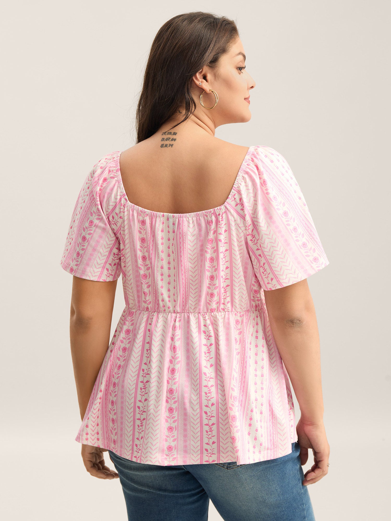 Floral Stripes Pleated Sweetheart Neck Top