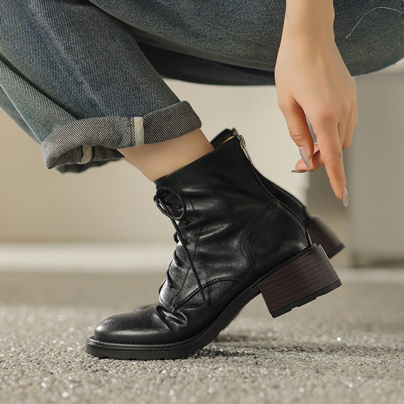 Women's Handmade Cowhide Lace-Up Zipper Martin Boots with Mid Heel Black/Brown