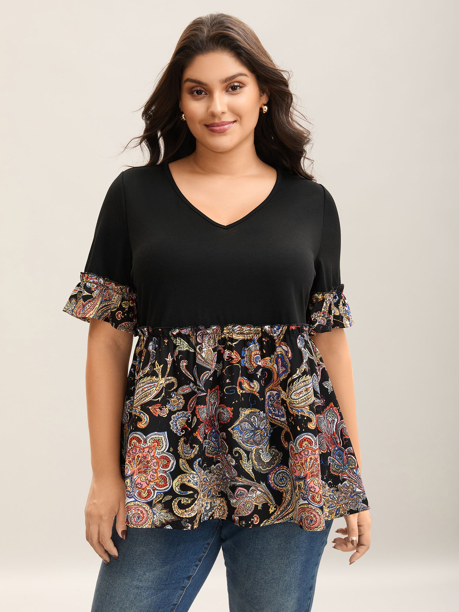 Floral Print Spliced V-Neck Knit Top
