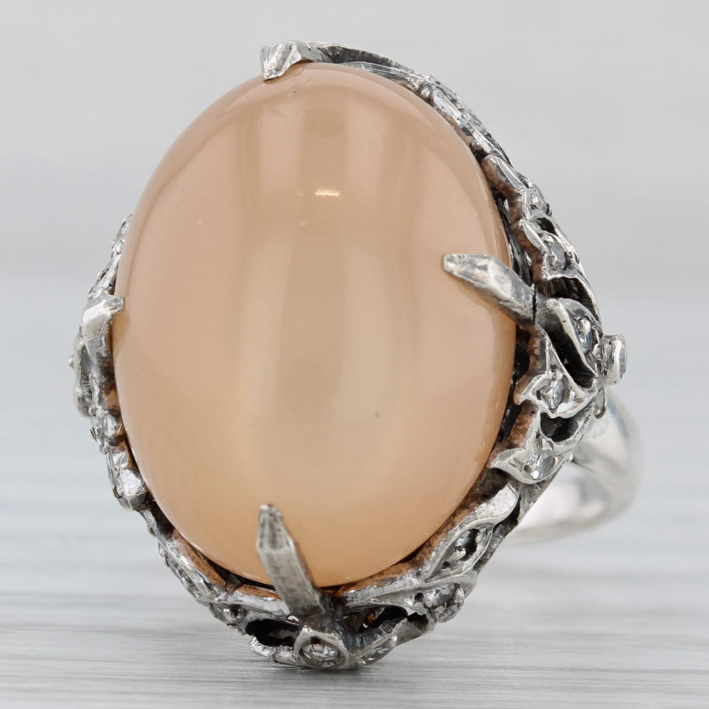 Peach Star Moonstone Diamond Ring 800 Silver Vintage Ornate Size 5 Cocktail