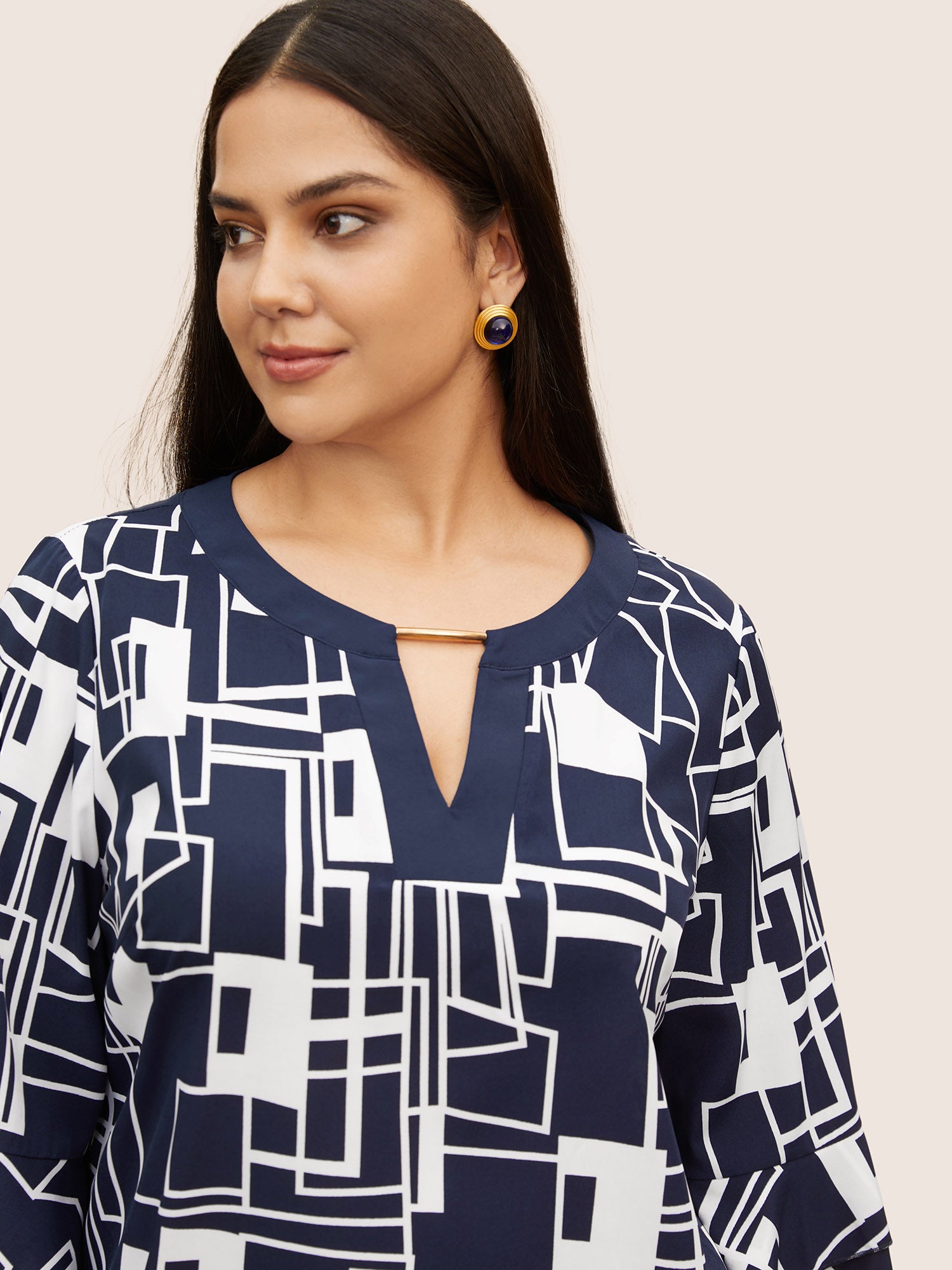 Geometric Keyhole Ruffles Metal Detail Blouse