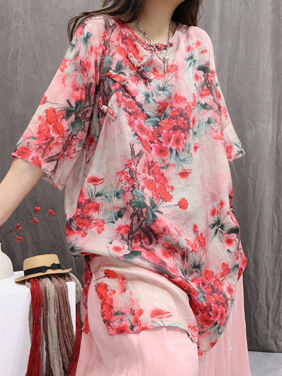 Women Summer Retro Flower O-Neck 100%Ramie Shirt