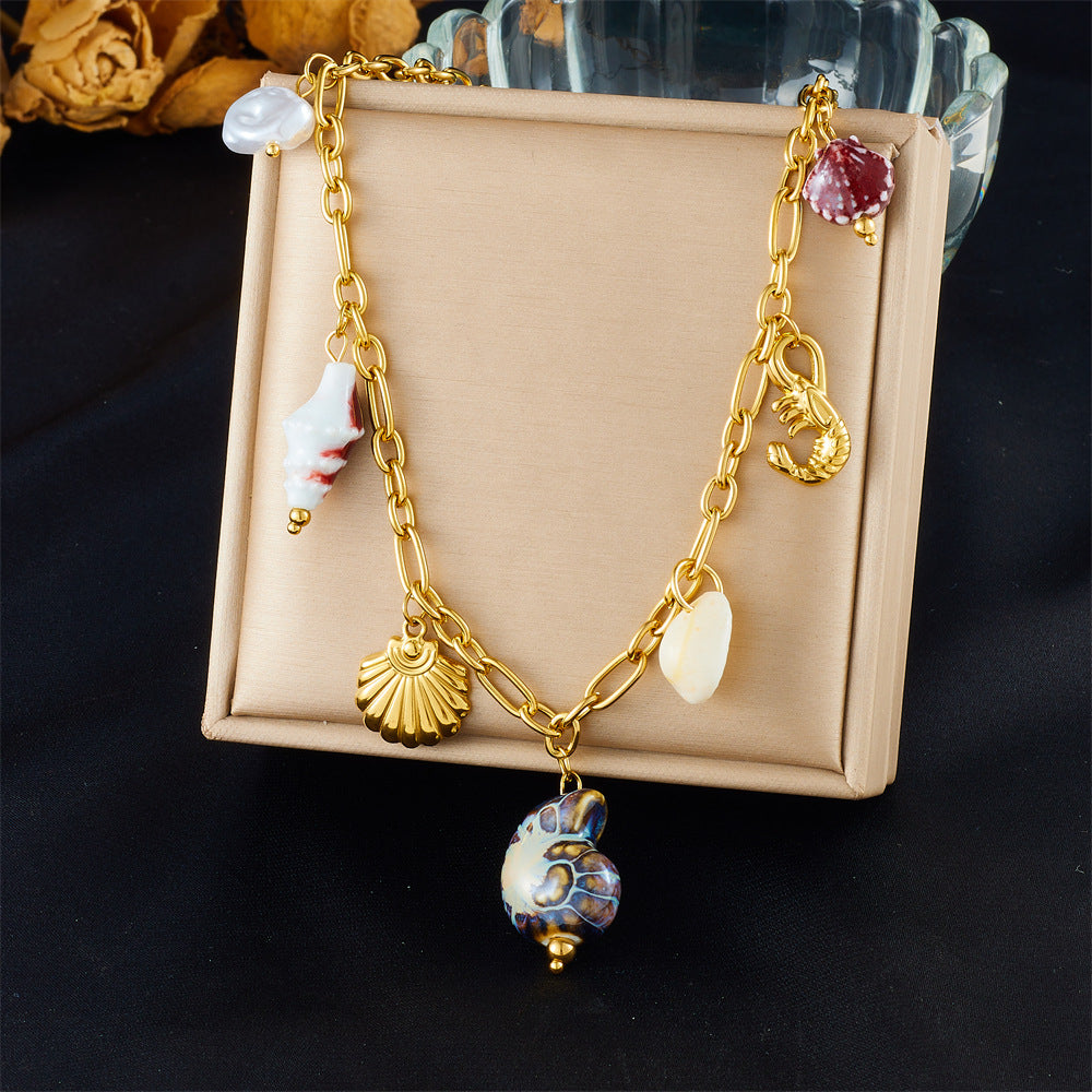 Fashion Holiday Advanced Multi-Element Marine Life Pendant Shell Starfish Sun Stainless Steel Necklace