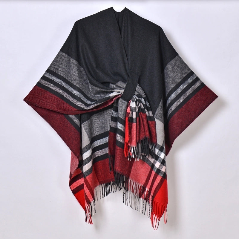 2024 New Color Striped Strap Inverness Women's Jacquard Warm Tassel Cardigan Outer Wear