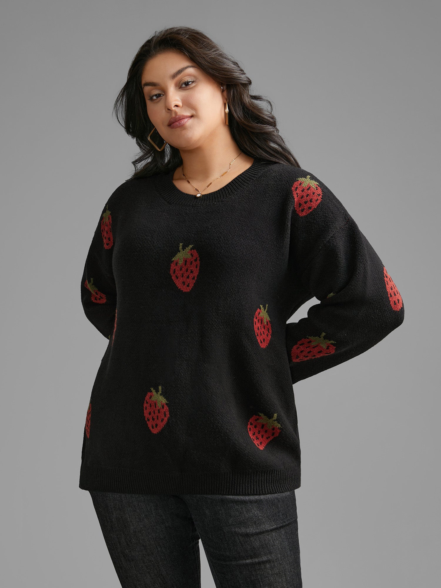 Strawberry Jacquard Drop Shoulder Sleeve Pullover