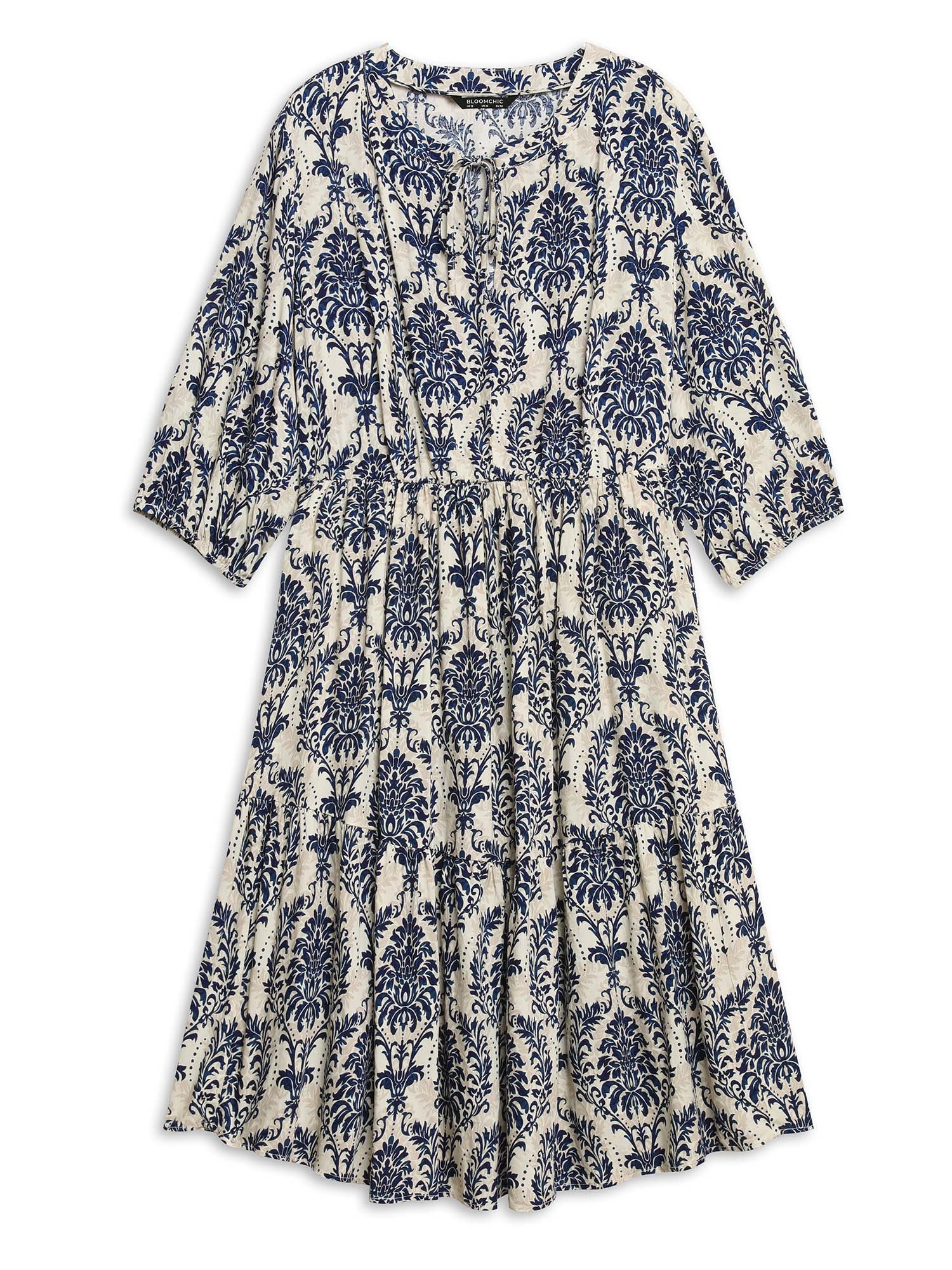 Boho Print Tie Knot Puff Sleeve Dress