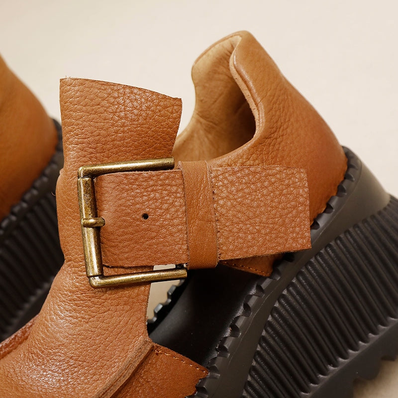 75mm Platform T-Straps Sandals Cowhide Mary Jane Shoes in Black/Light Brown