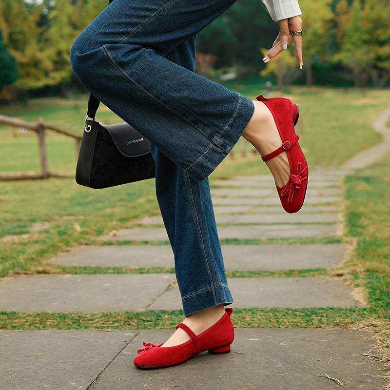 Round-Toe Sheepskin Mary Jane Flats with Bow Design Red/Black