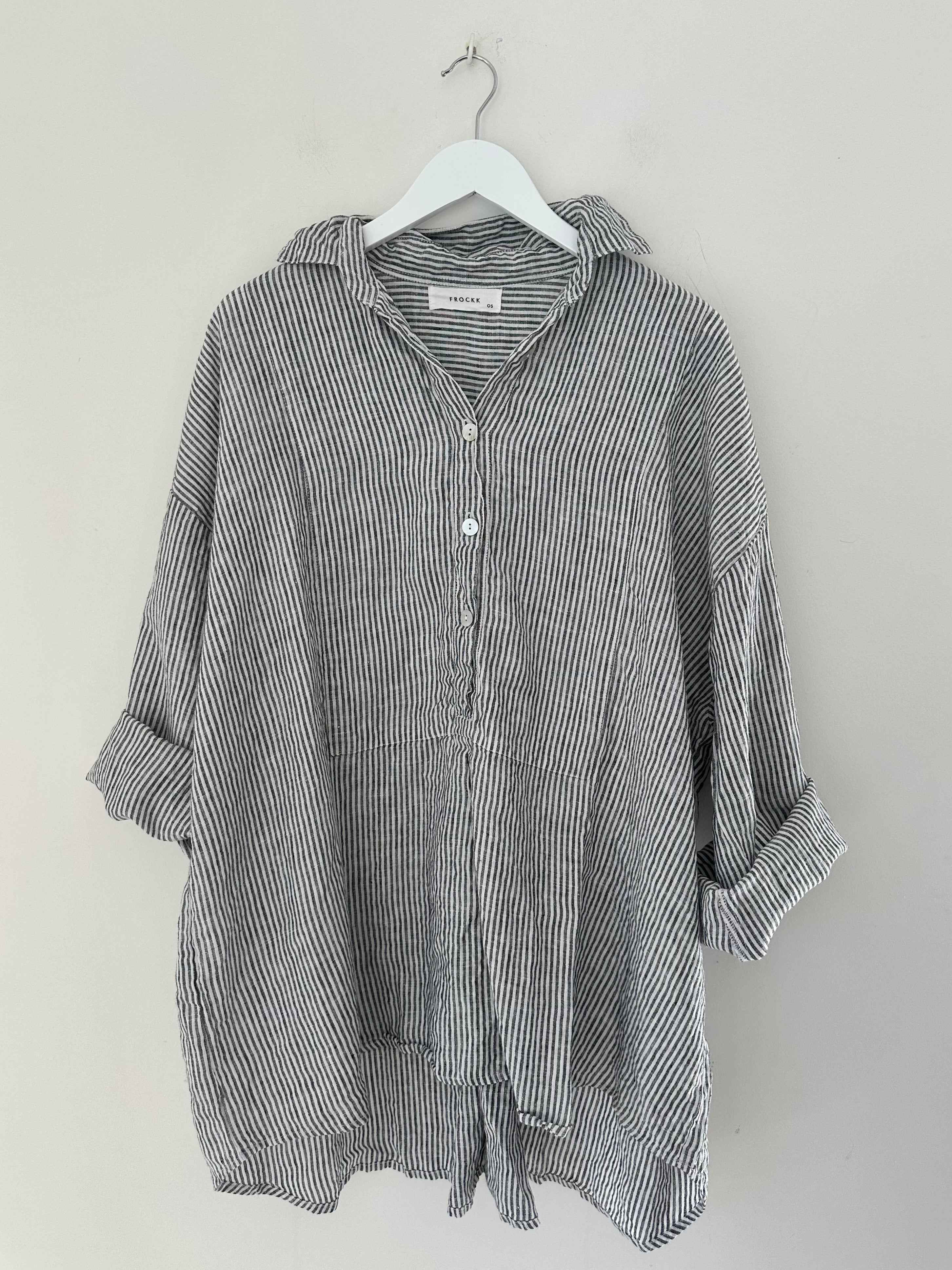 megan shirt -charcoal stripe linen