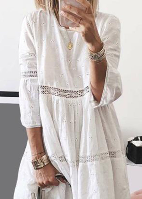Boho Yellow O-Neck Hollow Out Cotton Long Dresses Bracelet Sleeve Summer