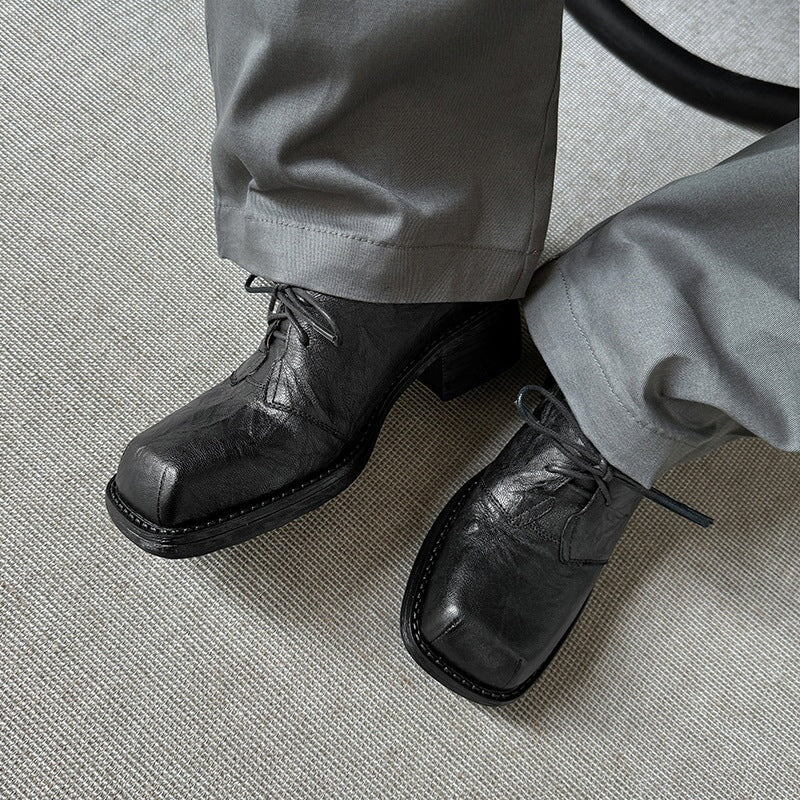Handmade Wrinkled Sheepskin Block Heel Oxford Shoes in Black/Brown