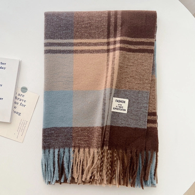 Maillard Brown Plaid Scarf Women's Autumn And Winter  Thickened Warm High-end Wearing Scarf Shawl