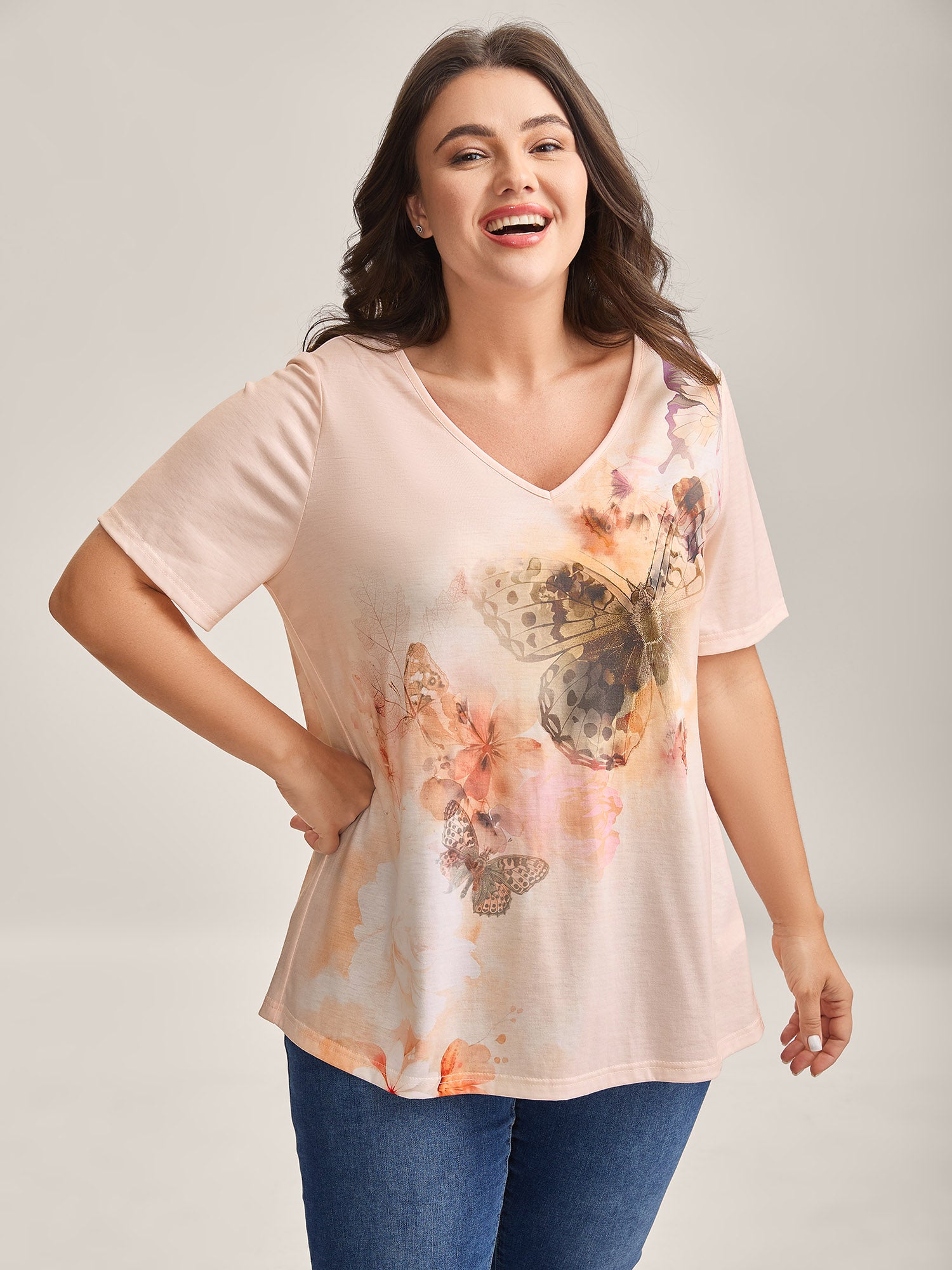 Stretchy Butterfly Print V Neck T-Shirt