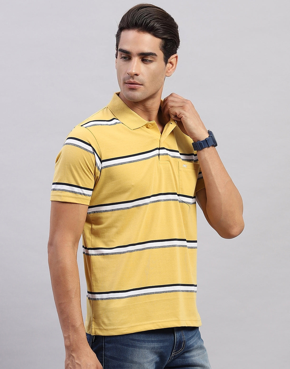 Men Yellow Stripe Polo Collar Half Sleeve T-Shirt