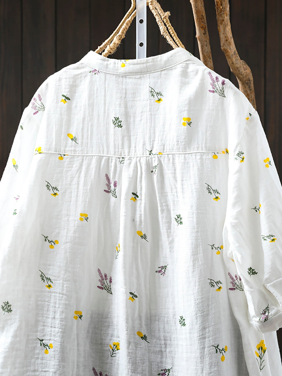 Women Summer Artsy Floral V-Neck 100%Cotton Shirt