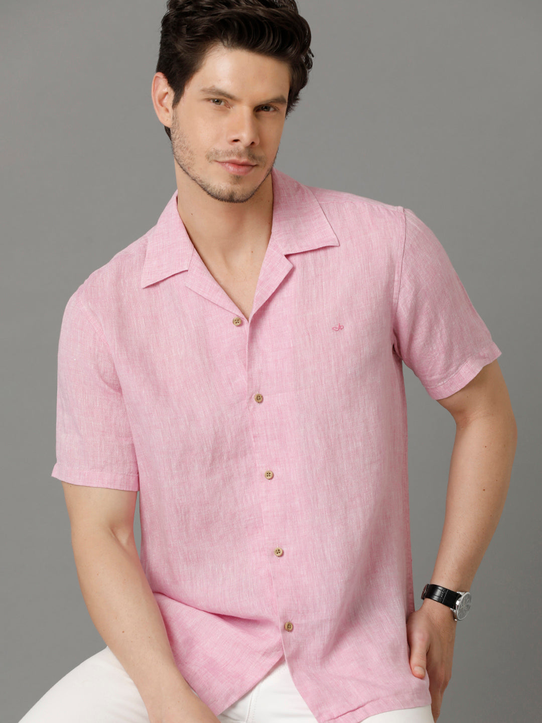 Mens Regular Fit Solid Pink Casual Linen Shirt (LUCA)