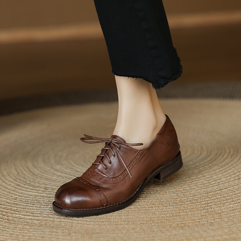 Genuine Leather Vintage Brogue Oxford Shoes Lace-Up Classic Formal Shoes in Black/Coffee/Grey