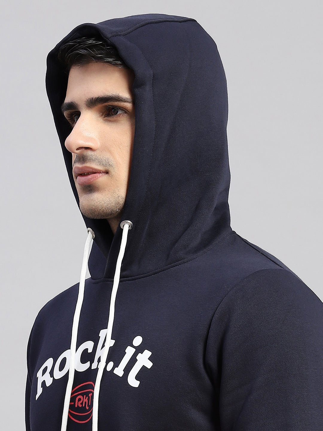 Men Navy Blue Printed Hooded Full Sleeve Winter Tracksuit