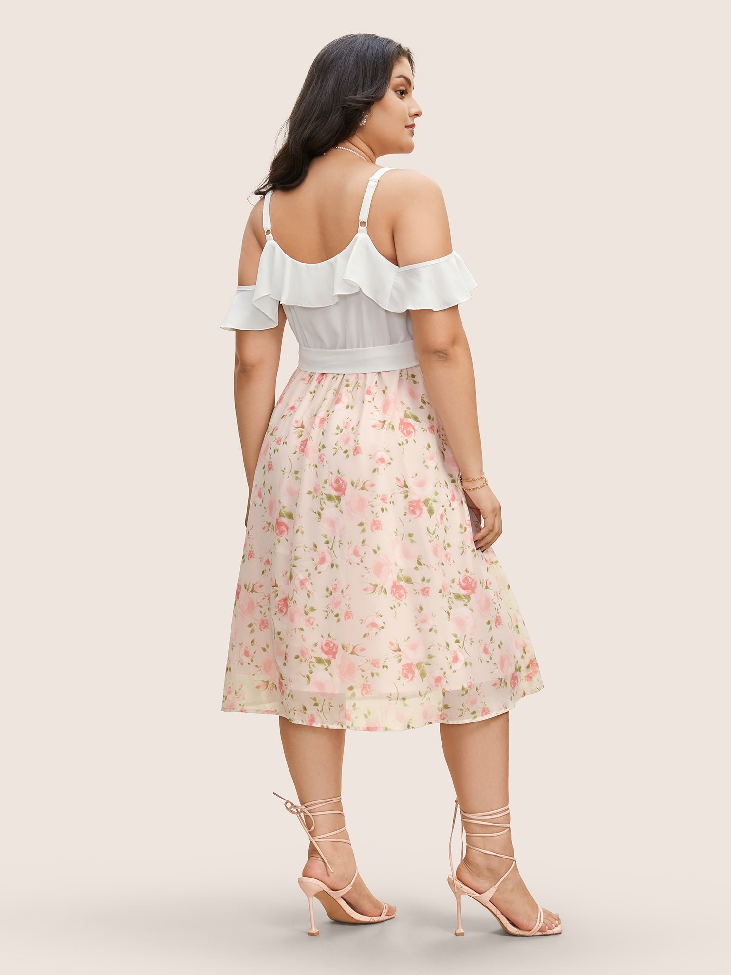 Chiffon Floral Patchwork Ruffle Trim Midi Dress