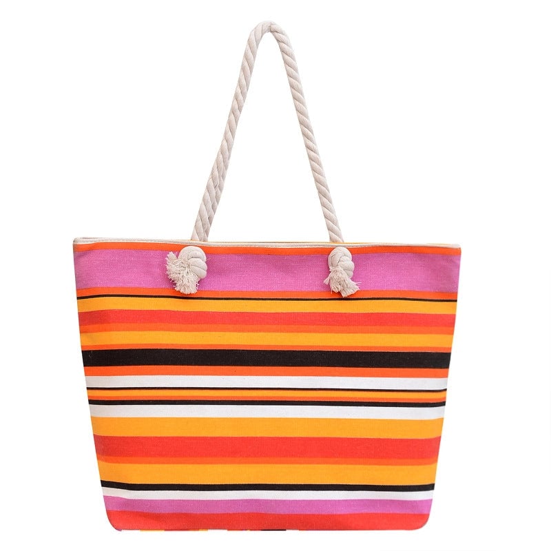 Women's Medium Canvas Geometric Stripe Streetwear Sewing Thread Square Zipper Tote Bag